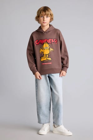 Garfield Bisiklet Yaka İçi Yumuşak Tüylü Baskılı Sweatshirt Erkek Çocuk