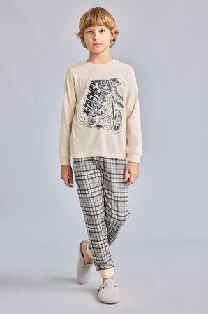 DeFacto Motosiklet Baskılı Ekose Regular Fit 2'li Pijama Takımı Erkek Çocuk H6686A826AUBG286
