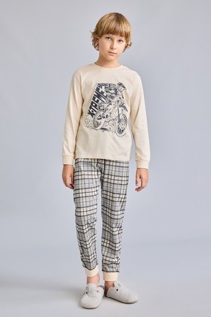 DeFacto Motosiklet Baskılı Ekose Regular Fit 2'li Pijama Takımı Erkek Çocuk H6686A826AUBG286