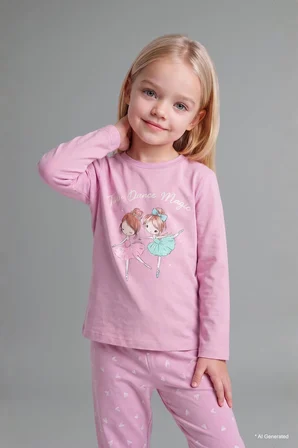 Bisiklet Yaka Baskılı Üst Lastikli Paça Alt 2'li Pijama Takımı Kız Bebek