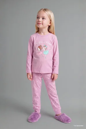 Bisiklet Yaka Baskılı Üst Lastikli Paça Alt 2'li Pijama Takımı Kız Bebek