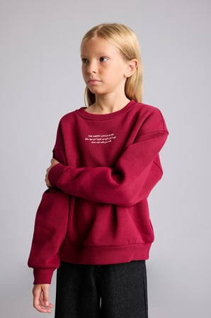 Relax Fit Bisiklet Yaka Düşük Omuzlu Baskılı Sweatshirt Kız Çocuk