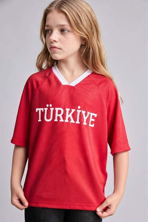 DeFacto Dünya Kupası V Yaka Kısa Kollu Türkiye Baskılı Kırmızı Tişört Kız Çocuk I1120A826SMRD62