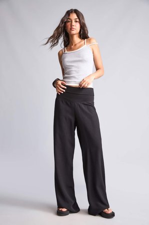 Wıde Leg Normal Bel Standart Boy Keten Karışımlı Pantolon