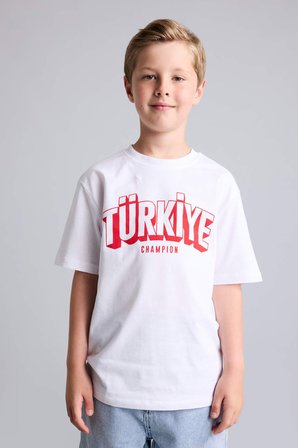 DeFacto Dünya Kupası Regular Fıt Bisiklet Yaka Türkiye Baskılı Kısa Kollu Beyaz Tişört Erkek Çocuk I4111A826HSWT34