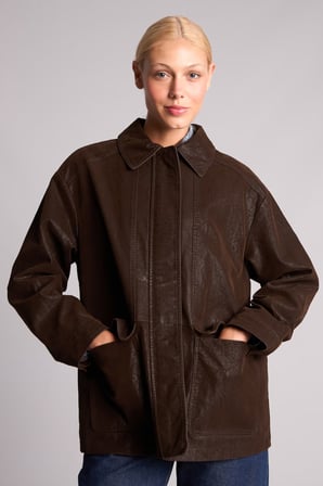 Regular Fit Polo Yaka Fermuarlı Cepli Suni Deri Mont