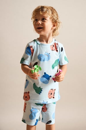 DeFacto %100 Pamuk Hayvan Baskılı 2'li Pijama Açık Mavi Takımı Erkek Bebek H7902A526HSBE440