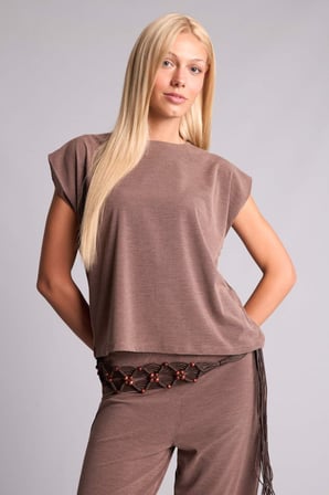 DeFacto Loose Fıt Bisiklet Yaka Krep Kısa Kollu Açık Kahverengi Bluz I2210AX26AUBN558