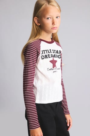 %100 Pamuk Bisiklet Yaka Baskılı Çizgili Reglan Uzun Kollu Tişört Kız Çocuk
