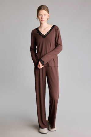 Regular Fit Dantel Detaylı V Yaka Uzun Kollu 2'li Ribana Pijama Takımı