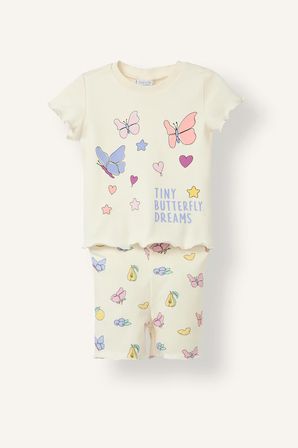 DeFacto Baskılı Kıvırcık Kenarlı Fitilli Kaşkorse Şortlu 2'li Pijama Takımı Kız Bebek H9310A526SMWT46