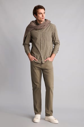 Regular Fıt Polo Yaka Poplin Kareli Uzun Kollu Gömlek
