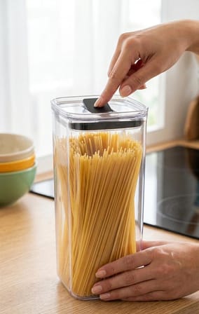 Softchef Click'n Fresh Hava Geçirmez Kare Plastik Erzak Kabı 2100 ml - Vakumlu Tek Tuş Kapaklı Şeffaf Plastik Bakliyat, Un ve Şeker Saklama Kabı, BPA İçermez (10,5x10,5x24,5cm)