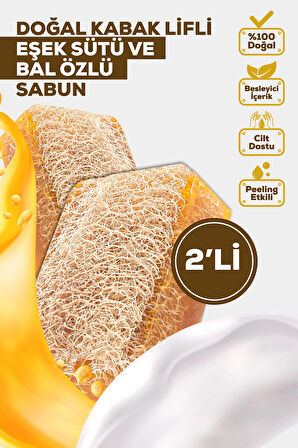 2'li Doğal Kabak Lifli Eşek Sütü ve Bal Sabunu 130g - Nemlendirici & Besleyici