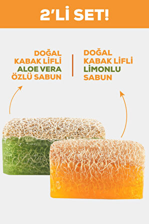 2'li Doğal Kabak Lifli Aloe Vera - Limon Sabunu 130g - Ferahlatıcı & Nemlendirici Peeling