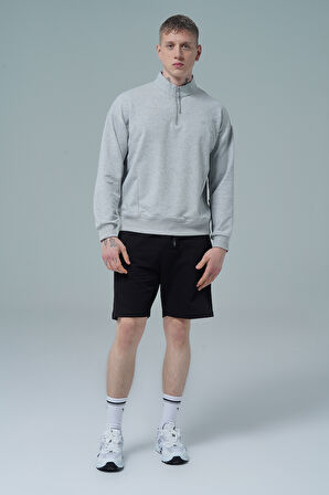 George Phoenix Daily Core - Gri Melanj Yarım Fermuarlı Pamuklu Erkek Oversize Sweatshirt
