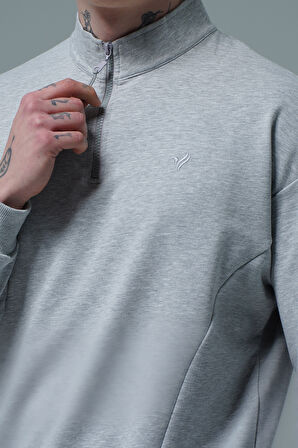 George Phoenix Daily Core - Gri Melanj Yarım Fermuarlı Pamuklu Erkek Oversize Sweatshirt