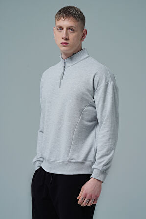 George Phoenix Daily Core - Gri Melanj Yarım Fermuarlı Pamuklu Erkek Oversize Sweatshirt