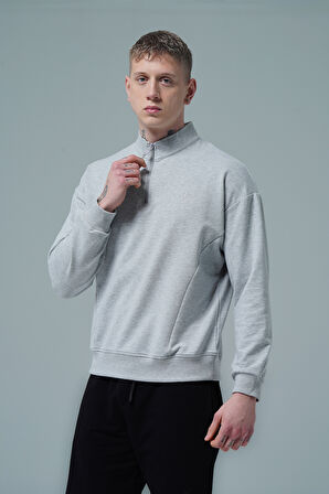 George Phoenix Daily Core - Gri Melanj Yarım Fermuarlı Pamuklu Erkek Oversize Sweatshirt