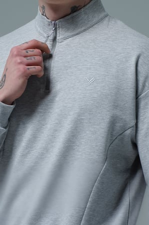 George Phoenix Daily Core - Gri Melanj Yarım Fermuarlı Pamuklu Erkek Oversize Sweatshirt