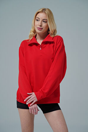Daily Core - Kırmızı Oversize Yarım Fermuarlı Sweatshirt
