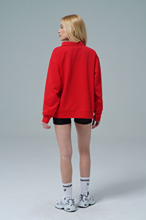 Daily Core - Kırmızı Oversize Yarım Fermuarlı Sweatshirt