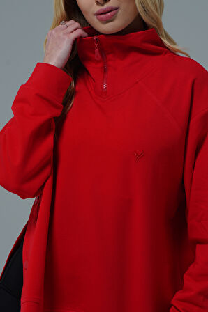 Daily Core - Kırmızı Oversize Yarım Fermuarlı Sweatshirt