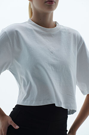 George Phoenix Pure Comfort - Beyaz Rahat Kesim %100 Pamuklu Basic Crop Tişört