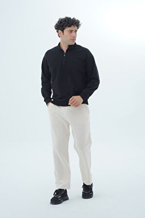 George Phoenix Daily Core - Siyah Yarım Fermuarlı Pamuklu Erkek Oversize Sweatshirt
