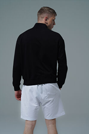 George Phoenix Daily Core - Siyah Yarım Fermuarlı Pamuklu Erkek Oversize Sweatshirt