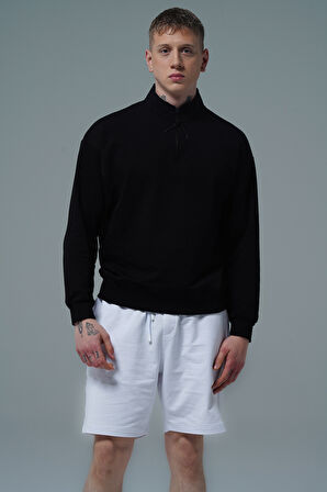 George Phoenix Daily Core - Siyah Yarım Fermuarlı Pamuklu Erkek Oversize Sweatshirt