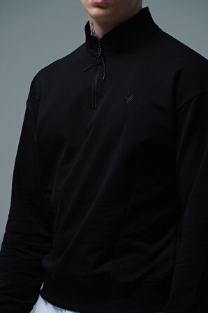 George Phoenix Daily Core - Siyah Yarım Fermuarlı Pamuklu Erkek Oversize Sweatshirt