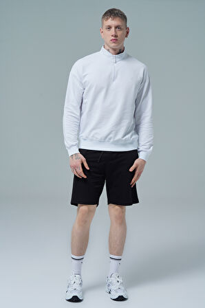 George Phoenix Daily Core - Beyaz Yarım Fermuarlı Pamuklu Erkek Oversize Sweatshirt