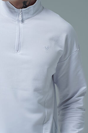 George Phoenix Daily Core - Beyaz Yarım Fermuarlı Pamuklu Erkek Oversize Sweatshirt