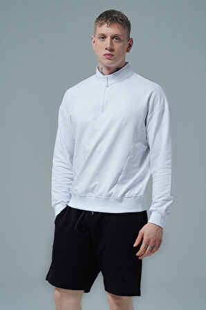 George Phoenix Daily Core - Beyaz Yarım Fermuarlı Pamuklu Erkek Oversize Sweatshirt