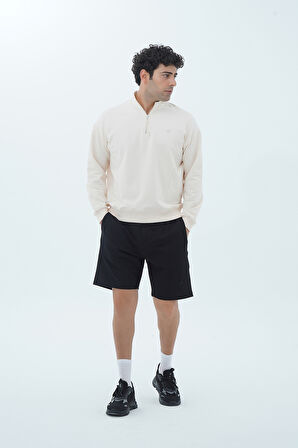 George Phoenix Daily Core - Bej Yarım Fermuarlı Pamuklu Erkek Oversize Sweatshirt