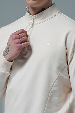 George Phoenix Daily Core - Bej Yarım Fermuarlı Pamuklu Erkek Oversize Sweatshirt