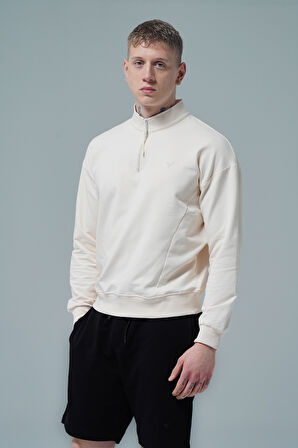 George Phoenix Daily Core - Bej Yarım Fermuarlı Pamuklu Erkek Oversize Sweatshirt