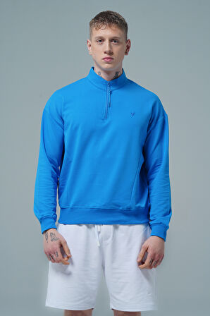 George Phoenix Daily Core - Mavi Yarım Fermuarlı Pamuklu Erkek Oversize Sweatshirt
