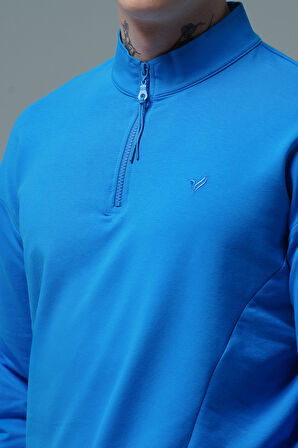 George Phoenix Daily Core - Mavi Yarım Fermuarlı Pamuklu Erkek Oversize Sweatshirt
