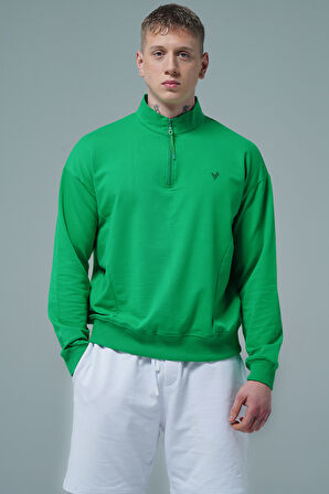 George Phoenix Daily Core - Yeşil Yarım Fermuarlı Pamuklu Erkek Oversize Sweatshirt
