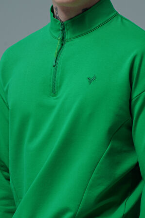 George Phoenix Daily Core - Yeşil Yarım Fermuarlı Pamuklu Erkek Oversize Sweatshirt