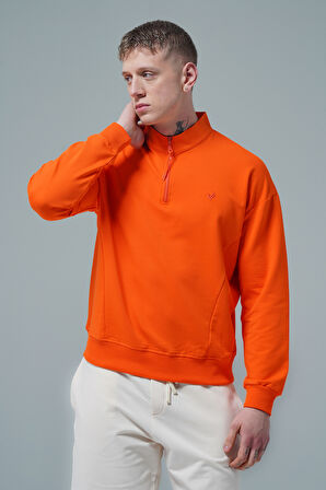 George Phoenix Daily Core - Turuncu Yarım Fermuarlı Pamuklu Erkek Oversize Sweatshirt