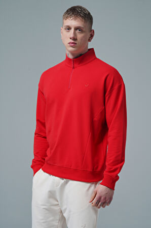 Daily Core - Kırmızı Yarım Fermuarlı Pamuklu Erkek Oversize Sweatshirt