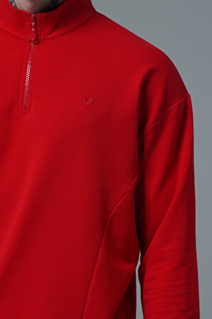 Daily Core - Kırmızı Yarım Fermuarlı Pamuklu Erkek Oversize Sweatshirt