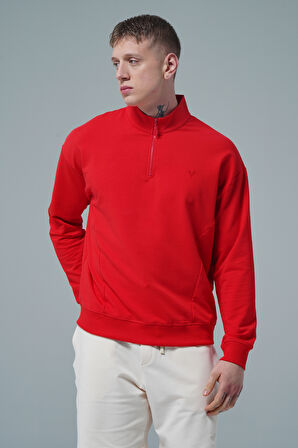 Daily Core - Kırmızı Yarım Fermuarlı Pamuklu Erkek Oversize Sweatshirt