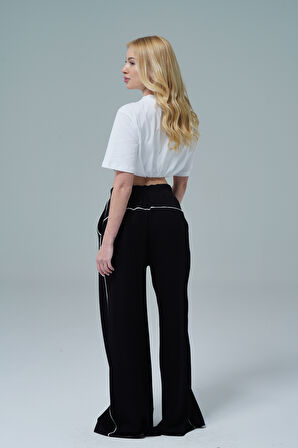 Soft Touch Premium Slit Palazzo Pants - Siyah Yüksek Bel Modal Kumaşlı Yırtmaçlı Kadın Palazzo Bol Paça Eşofman Altı