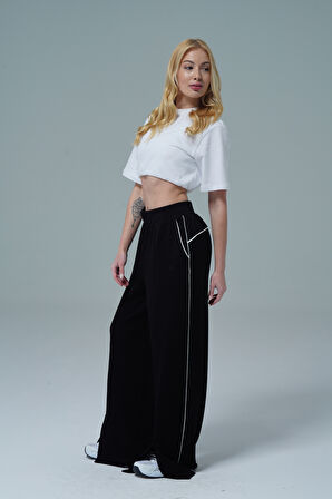Soft Touch Premium Slit Palazzo Pants - Siyah Yüksek Bel Modal Kumaşlı Yırtmaçlı Kadın Palazzo Bol Paça Eşofman Altı