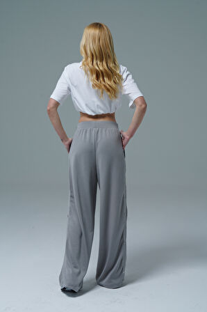 Soft Touch - Gri Yüksek Bel Modal Kumaşlı Çıtçıtlı Kadın Palazzo Bol Paça Eşofman Altı