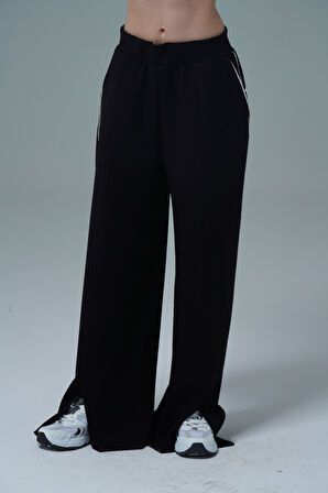 Soft Touch Premium Slit Palazzo Pants - Siyah Yüksek Bel Modal Kumaşlı Yırtmaçlı Kadın Palazzo Bol Paça Eşofman Altı
